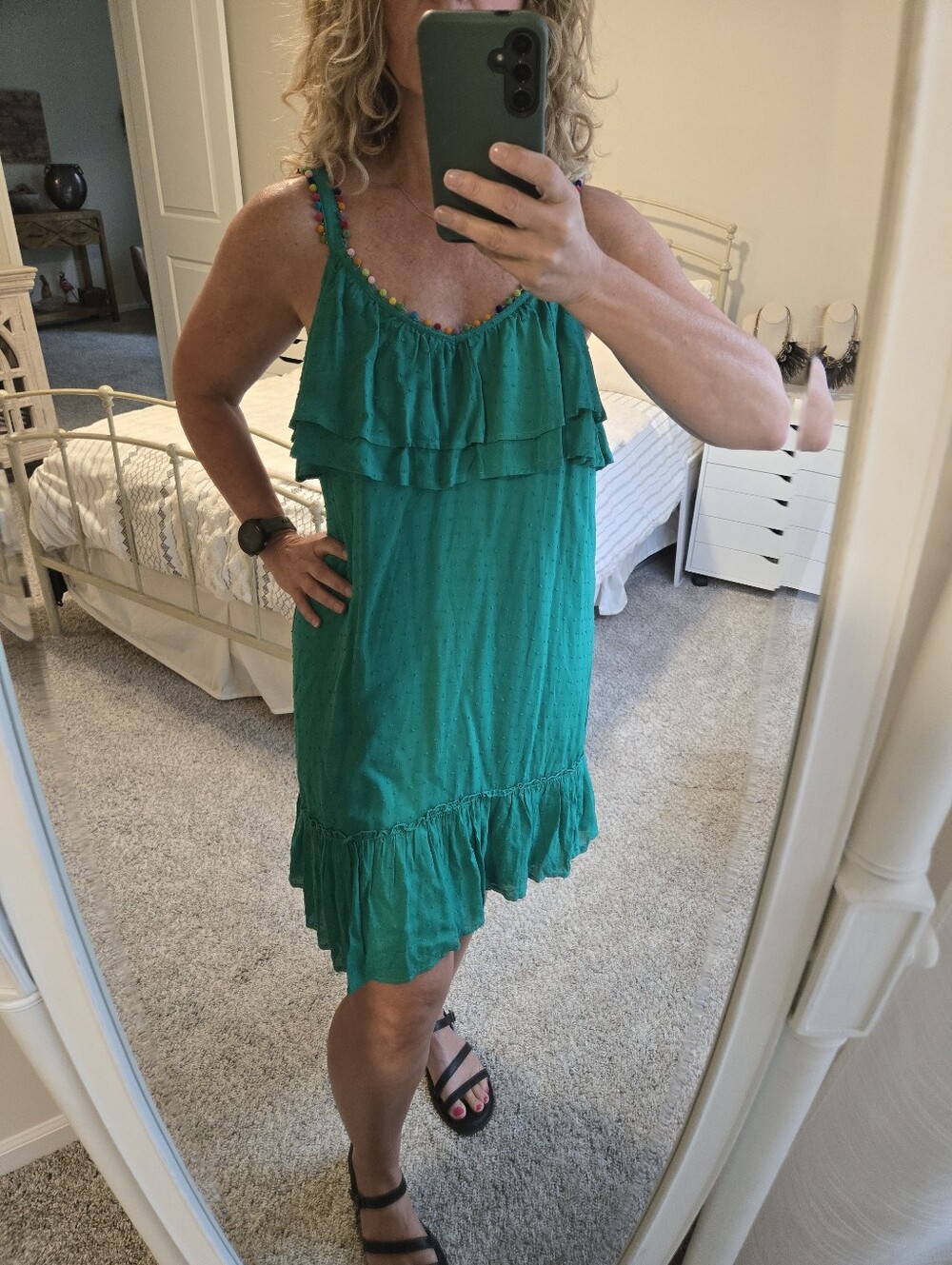 Green Flowy Dress with multicolor Poms